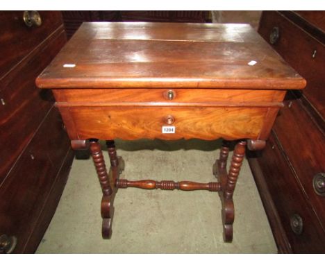 A 19th century figured mahogany ladies sewing table with rising lid over a fitted interior with frieze drawer and raised on f