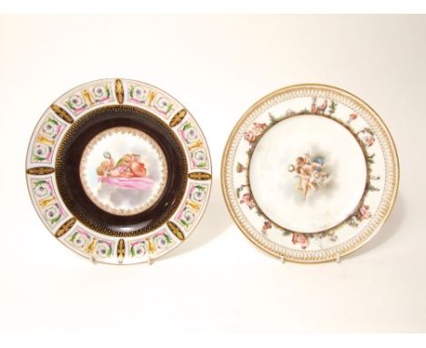 Two 19th century Meissen type cabinet plates, one with central painted panel of a pair of musicians and a dove within a relie