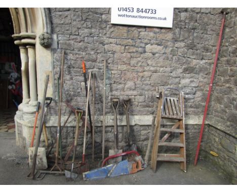 A bundle of various long handles gardening and further tools including a selection of spades, shovels, forks, pruner, togethe