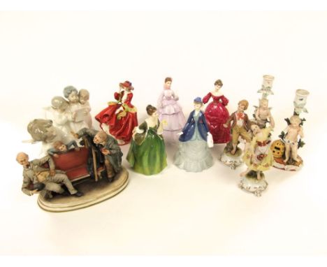 A collection of ceramic figures including a Royal Doulton figure of Fleur HN2368, Top O' The Hill HN1834, 3 Royal Worcester f