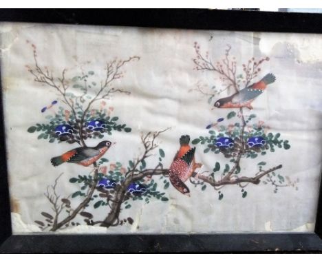 A 19th century oriental painting on rice paper of birds amongst foliage, 20 x 32 cm approx, an 18th century sepia coloured en