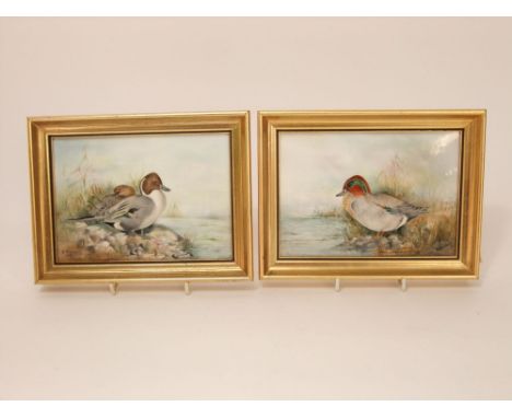 A pair of Royal Worcester plaques each painted with wildfowl and both signed A. Badham, 12cm x 17cm approx in gilt frames