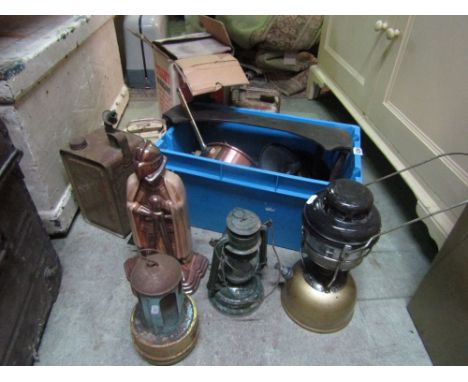 A small quantity of old kitchen enamel ware, four tilly lamps, Pan Knight enamelled companion set, etc