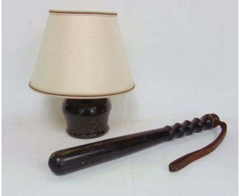 Serpentine ovoid lamp base together with an antique hardwood police truncheon (2)
