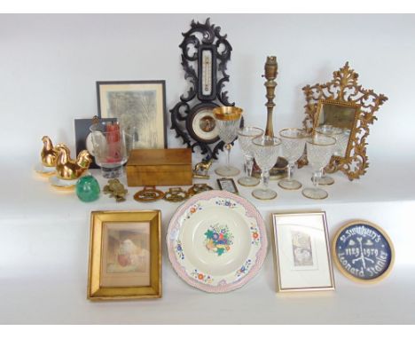 Box of interesting items to include a cast gilt metal easel picture frame, aneroid wall barometer, treen box fitted with hors
