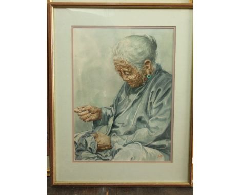 A half length watercolour study of an elderly oriental woman wearing a jade type earring, sewing, signed bottom right Ling, 5