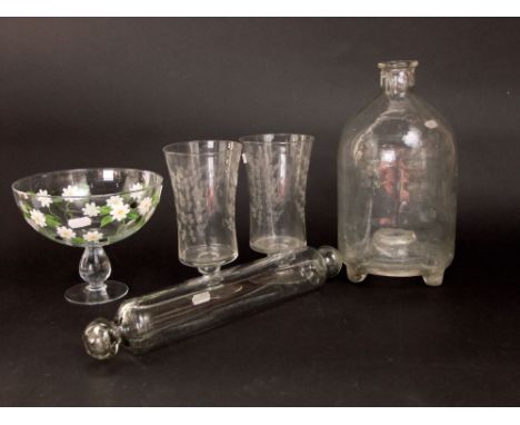 Small selection of mixed glassware to include two waisted celery vases etched with leaves, a further pedestal bowl painted wi