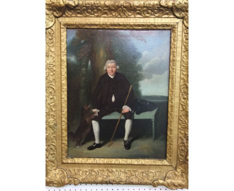 A late 18th century English School oil painting on canvas in the manner of Gainsborough, portrait of a gentleman seated four-