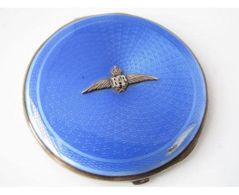 Silver and blue guilloche enamel compact, fitted with an RAF badge within an original suede pouch