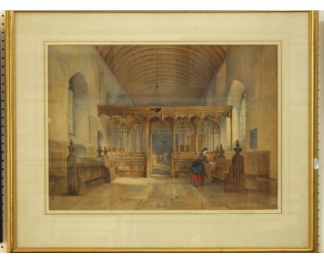 A 19th century watercolour of a church interior scene with female character polishing a pew, signed bottom right R K Thomas, 