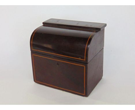 Good quality 19th century mahogany boxwood inlaid tea caddy, with lead lined interior, 13cm high