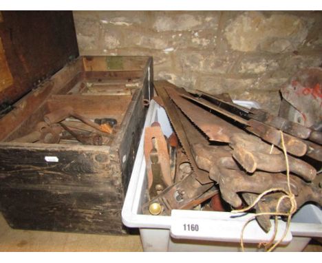 A vintage stained wooden tool box and contents together with a quantity of miscellaneous mainly carpentry related tools to in