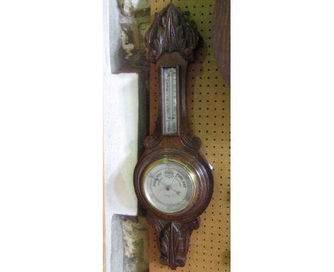 Oak cased aneroid walk barometer, thermometer 