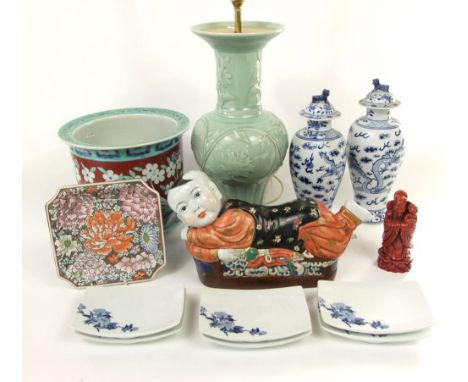 A quantity of oriental ceramics including lamp base with celadon type glaze with moulded floral and foliage decoration 42cm t