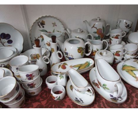 A quantity of Royal Worcester Evesham pattern oven to table wares including two sauce boats and stands, oval dish and cover, 