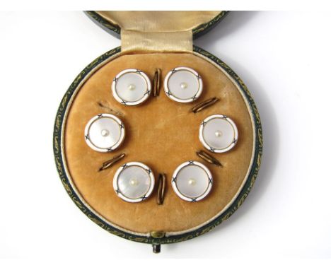 A cased set of six 9ct mother of pearl and enamel buttons