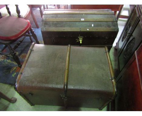 A late Victorian wooden lathe bound domed top trunk, together with one other (2)