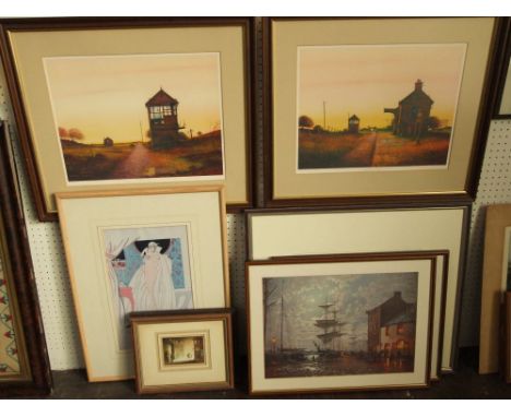 A pair of coloured prints after Laurence Roche both showing abandoned railway lines and station buildings at sunset - Branch 