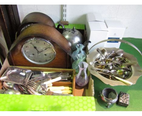 Mixed collection of silver plate to include various flatware items, teapot, handled basket; together with two vintage mantle 