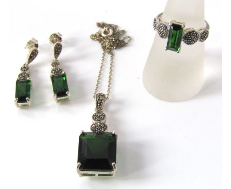 A suite of silver marcasite and green stone jewellery comprising necklace, ring, size O and earrings