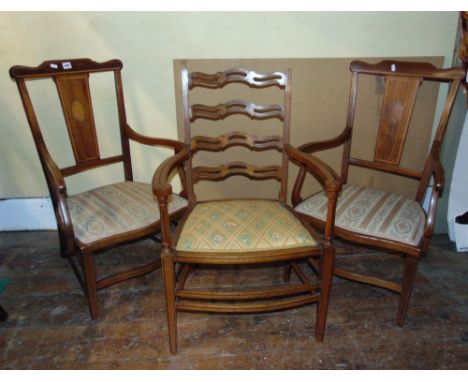 An Edwardian walnut and inlaid ladder back elbow chair raised on square taper legs with upholstered seat, together with a fur