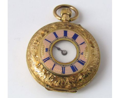 18ct half hunter fob watch, the case profusely engraved with scrolled foliage with enamelled chapter ring, 30 gms approx in t