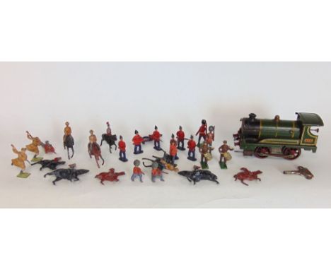 Good old Hornby locomotive engine together with a collection of Britain's lead figures of soldiers