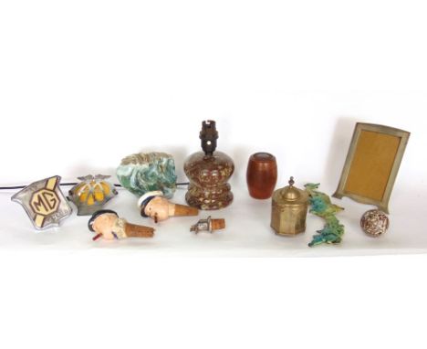 A box of interesting items to include two cork bottle stoppers in the form of Winston Churchill, treen barrel, interesting en