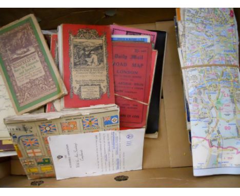 A box containing a quantity of vintage and other Ordnance Survey and road maps, a collection of tins, a cigarette packet coll