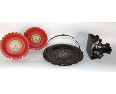 Victorian ebonised papier mache and mother of pearl inlaid basket, centrally decorated with a floral bouquet; together with a