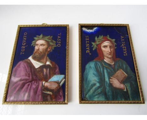 Two Italian enamelled portrait panels, Dante and Torquato Tasso in gilt brass frames 14cm x 10cm