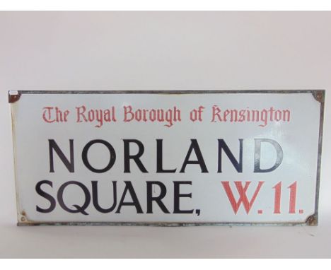 Vintage enamel London street sign inscribed "The Royal borough of Kensington, Norland Square W.11." 41 x 92cm 