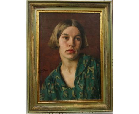 A 20th century oil painting by David Foggie, on canvas laid onto board  and showing a bust length portrait of a young woman i