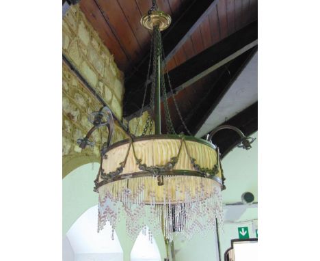 Edwardian brass and glass parlour light, fitted with glass tassels and scrolled branches