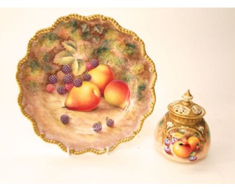 A Royal Worcester cabinet plate with painted fruit panel signed H Ayrton within a gilded scalloped border with black printed 