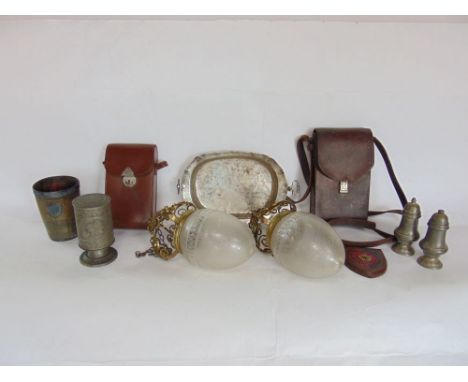 Mixed lot to include two gilt metal and etched glass hanging ceiling lights and two cased vintage cameras and a small collect