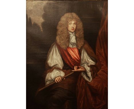 A substantial early English School oil painting on canvas after Sir Peter Lely, three quarter length portrait of King James I