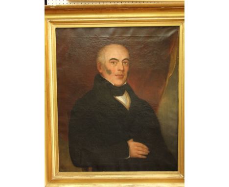 A 19th century English School oil painting on canvas, half length portrait of a gentleman with side whiskers, wearing a black