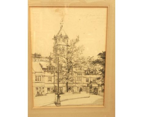 A pencil drawing of Cardiff Royal Infirmary signed top right, Marie Preis? dated 1933, 30 x 22cm together with an early 20th 