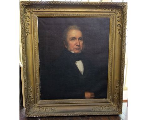 A 19th century oil painting on canvas half length portrait of a gentleman in black jacket and white cravat, 75 x 62cm in wide