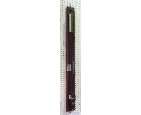 Interesting industrial Fontin Mercurial barometer, with ebonised steel casing, brass plate and stained oak back board, 107cm 