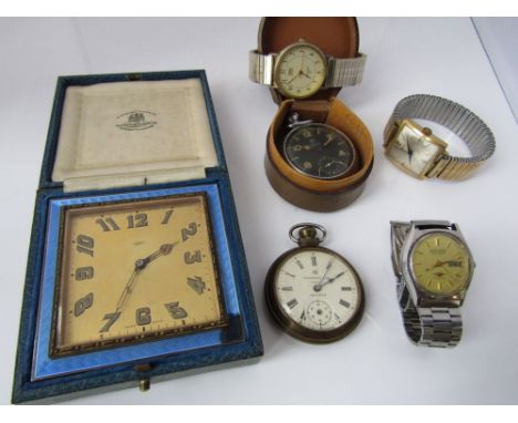 Goldsmiths and Silversmiths company cased guilloche enamel easel square boudoir clock; together with three wristwatches and t