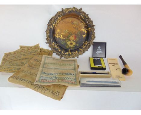 Box of interesting items to include a Victorian papier mache plate with gilt metal rim decorated with a floral bouquet and a 