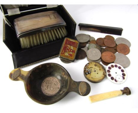A silver backed brush and comb set with engine turned detail, horn quaish with Scottish silver mounts, coinage, silver backed