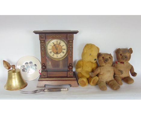 Mixed lot to include four vintage stuffed teddy bears, a 19th century meat fork, a cast metal bell, a drop dial clock and a n