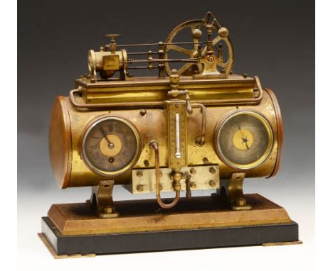 Rare and interesting 19th century French industrial bronze mantle clock in the form of a cylinder steam pump, fitted with two