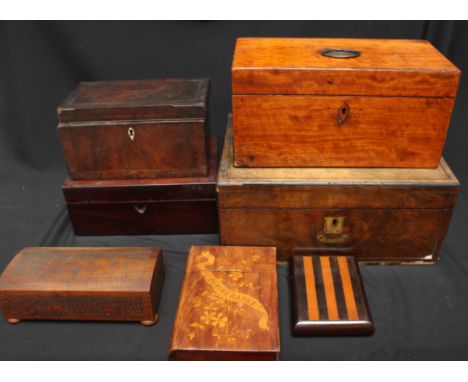 Various collectable boxes including a writing slope, satinwood tea caddy, jewellery boxes and cigar boxes etc.