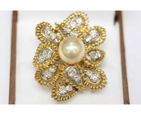 A large and impressive 18ct gold, diamond and pearl fancy dress ring, set with large 10mm central pearl, surrounded by petals