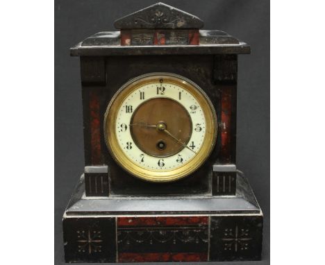 A Victorian black slate and rouge marble mantel clock, of classical temple form, with eight-day movement and Arabic numerals 