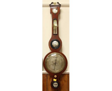 A 19th century mahogany Welsh banjo barometer by Genetone of Merthyr, with swan neck pediment, over hygrometer, thermometer, 